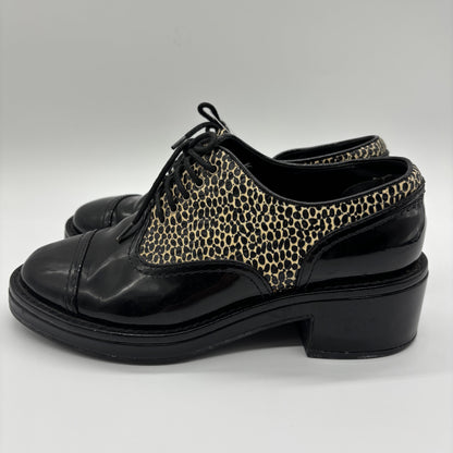 CHANEL Enamel Loafers Leopard x Black 37C Loafers