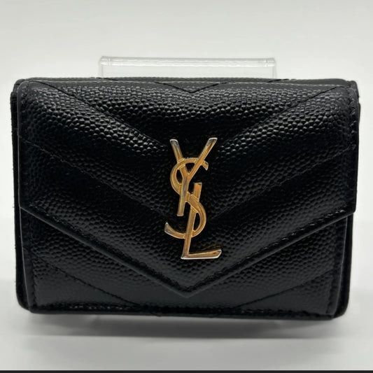 Yves Saint Laurent YSL Saint Laurent Cassandra Caviar Tri-Fold Compact Black Wallet
