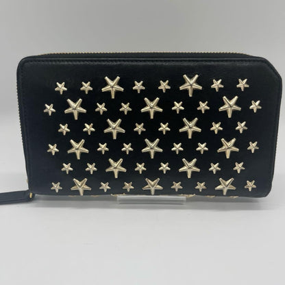 JIMMY CHOO Leather Studded Round Zip Leather Black Wallet