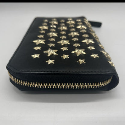 JIMMY CHOO Leather Studded Round Zip Leather Black Wallet