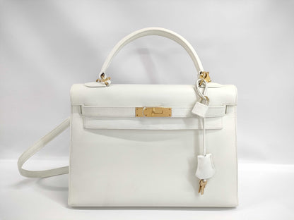 HERMES Kelly 32, Exterior Stitching, Vogue Green, White, 〇Y Stamp, GD Handbag