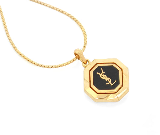 Yves Saint Laurent Yves Saint Laurent ・Gold & Black Logo Pendant Necklace ・7.9g Necklace