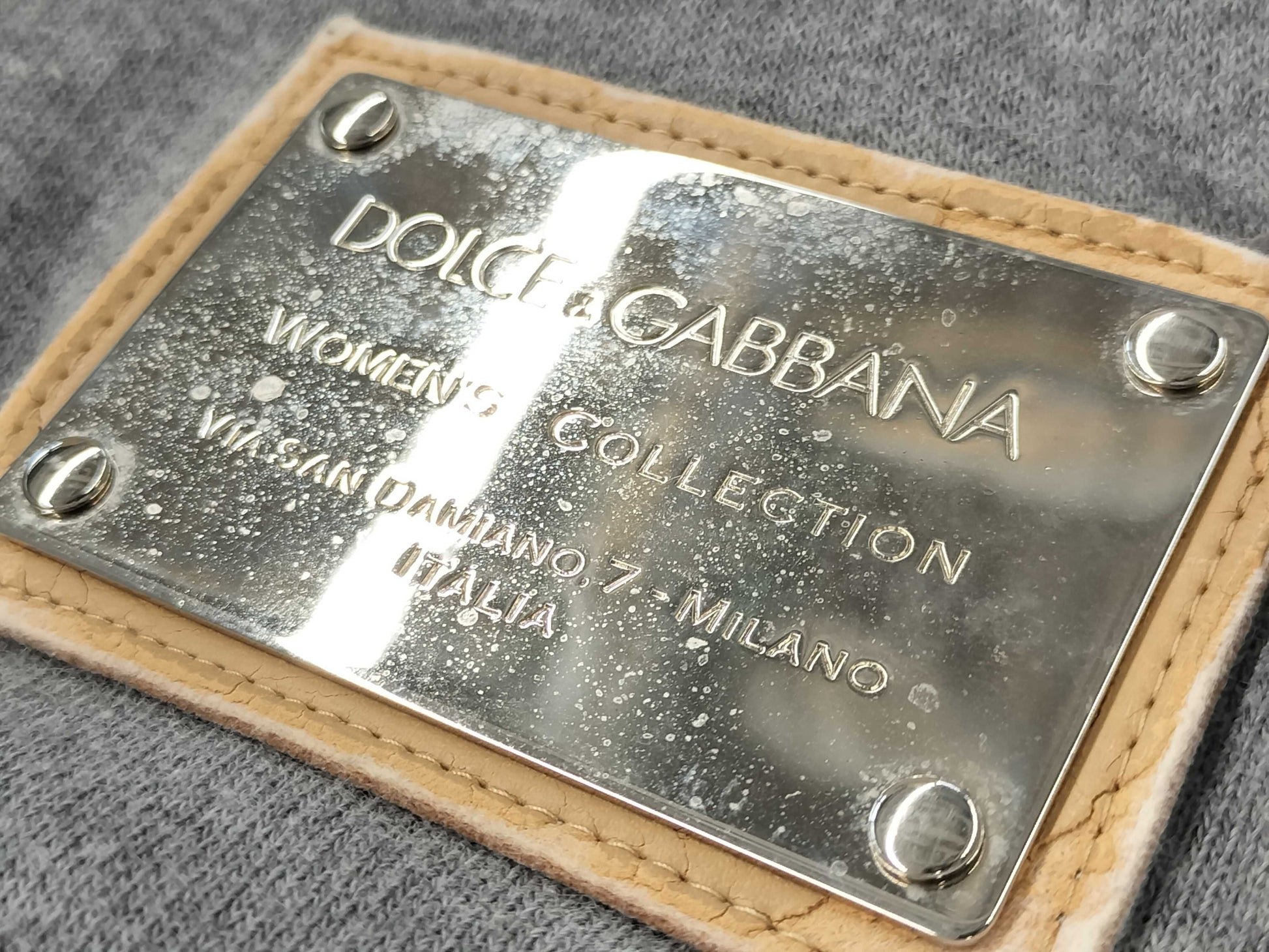 DOLCE&GABBANA Hoodie with Logo Plate, Cotton and Rayon, Gray and Brown, Silver Hardware, Size 38, Tops