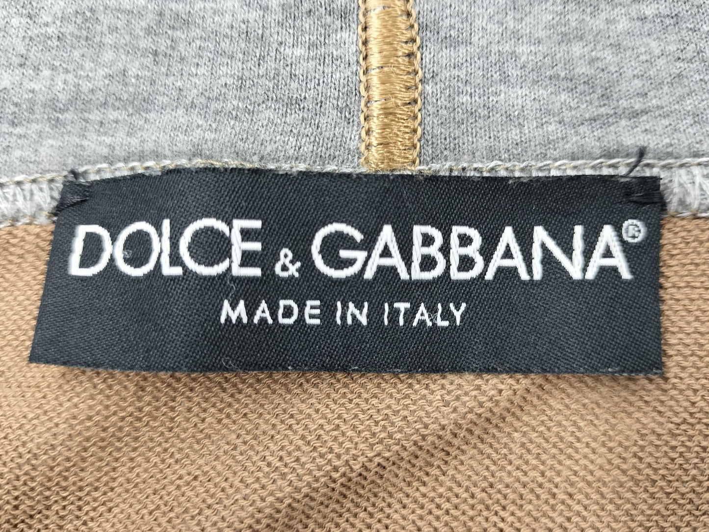 DOLCE&GABBANA Hoodie with Logo Plate, Cotton and Rayon, Gray and Brown, Silver Hardware, Size 38, Tops