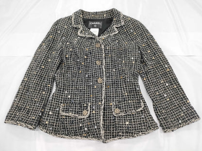 CHANEL Tweed Jacket, Black and White, Size 36