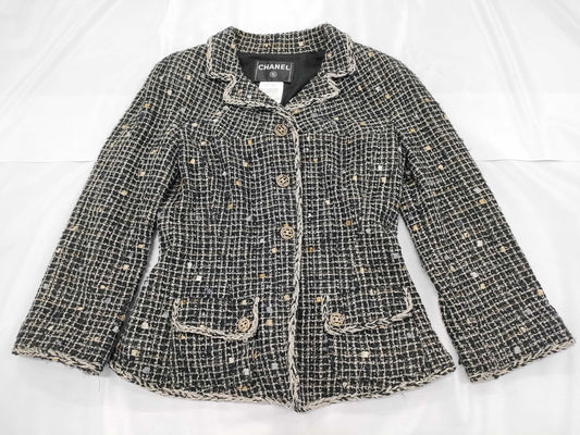 CHANEL Tweed Jacket, Black and White, Size 36