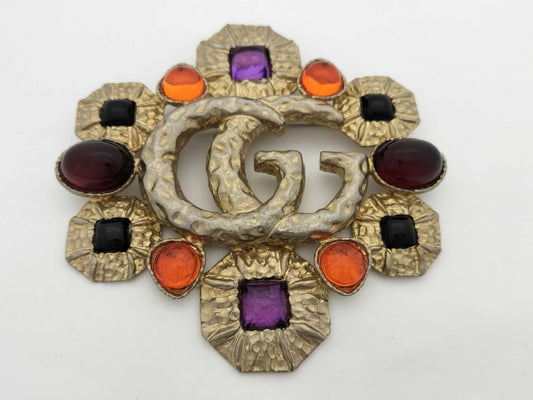 GUCCI Double G Brooch with Lava and Colored Stones