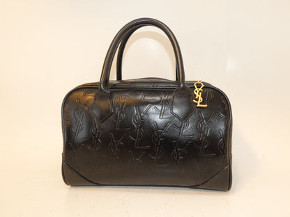 Yves Saint Laurent Embossed Logo Black Leather Hand Boston Bag