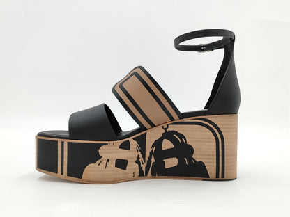HERMES HERMES Sandals Charis Black x Natural Wedge Sole / Brid de Gala Size 38 Sandals