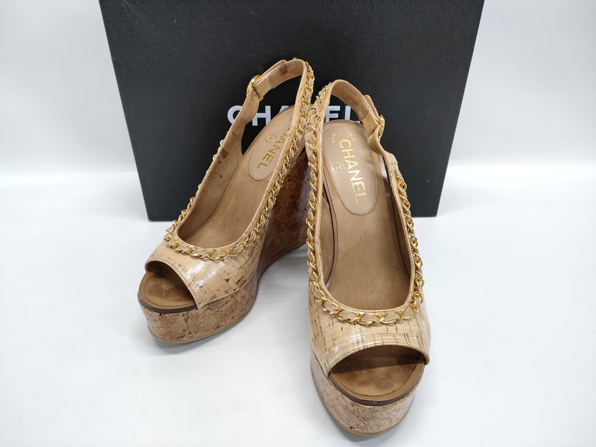  CHANEL Coco Mark Chain Wedge Sandals Size 36 1/2