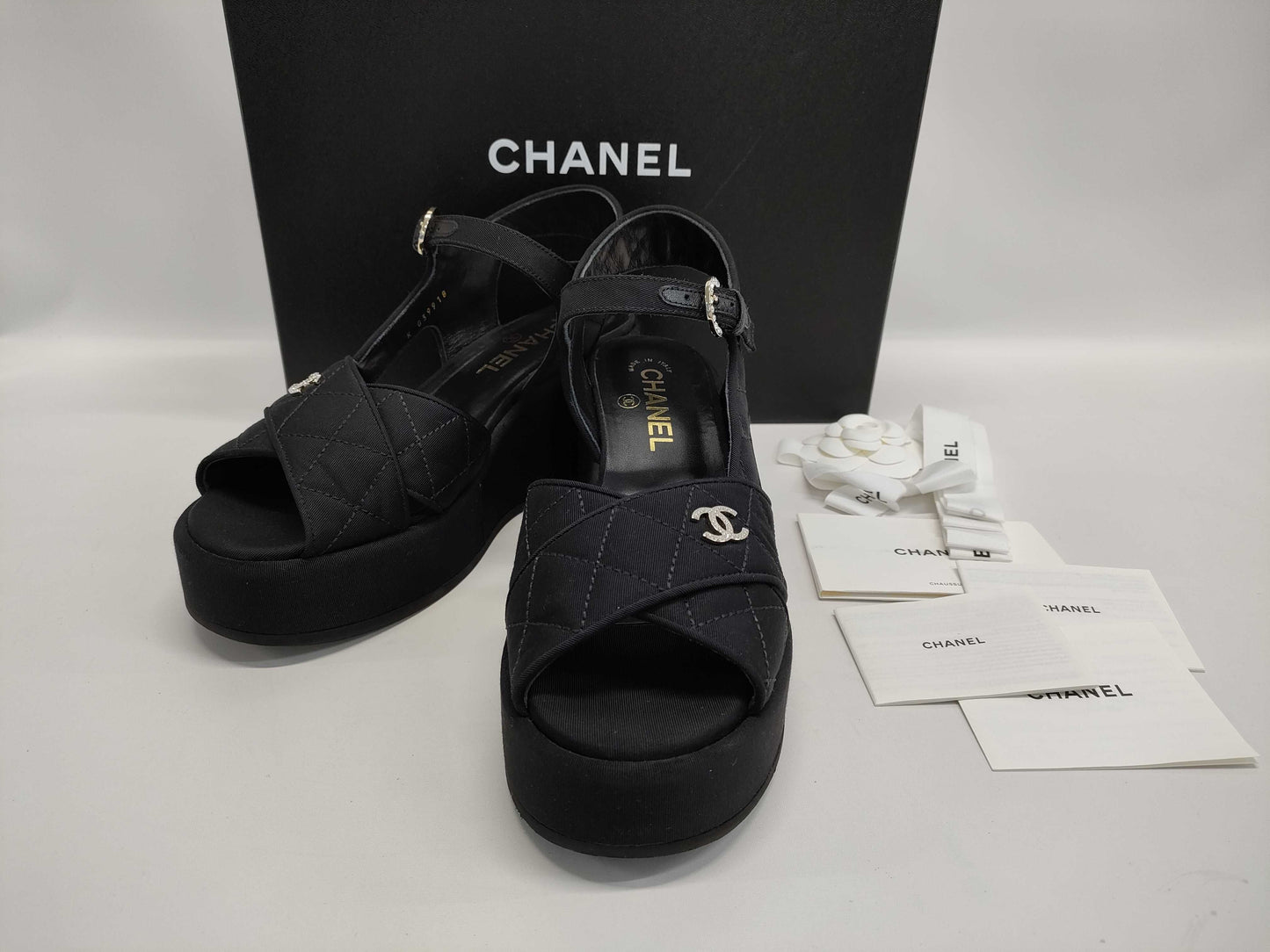 CHANEL Coco Mark Quilted Platform Sandals Size 38