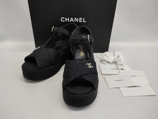 CHANEL Coco Mark Quilted Platform Sandals Size 38