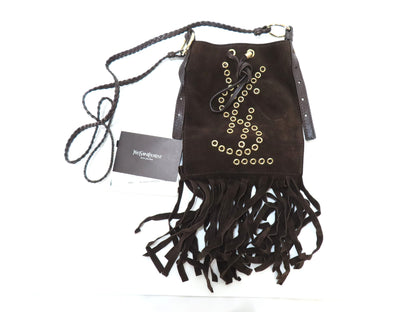 Yves Saint Laurent Logo Studded Fringe Suede Shoulder Bag, Brown [Retail Purchase Certificate Included] Shoulder Bag