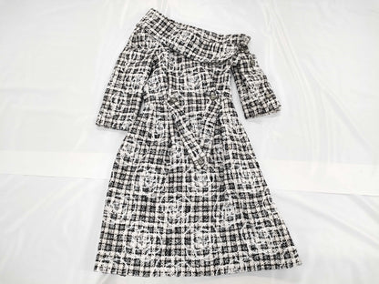 CHANEL CHANEL Dress P49151V35968 Size 34 Mixed Tweed Dress with Crystal Buttons