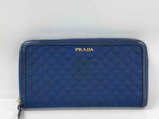 PRADA Quilted Round Zip Wallet in Nylon and Leather, Blue