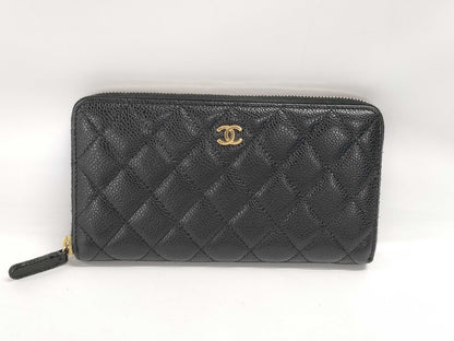 CHANEL Caviar Leather Matelasse Wallet with Round Zipper, Black GD Hardware, Seal, Card Holder, 20826548