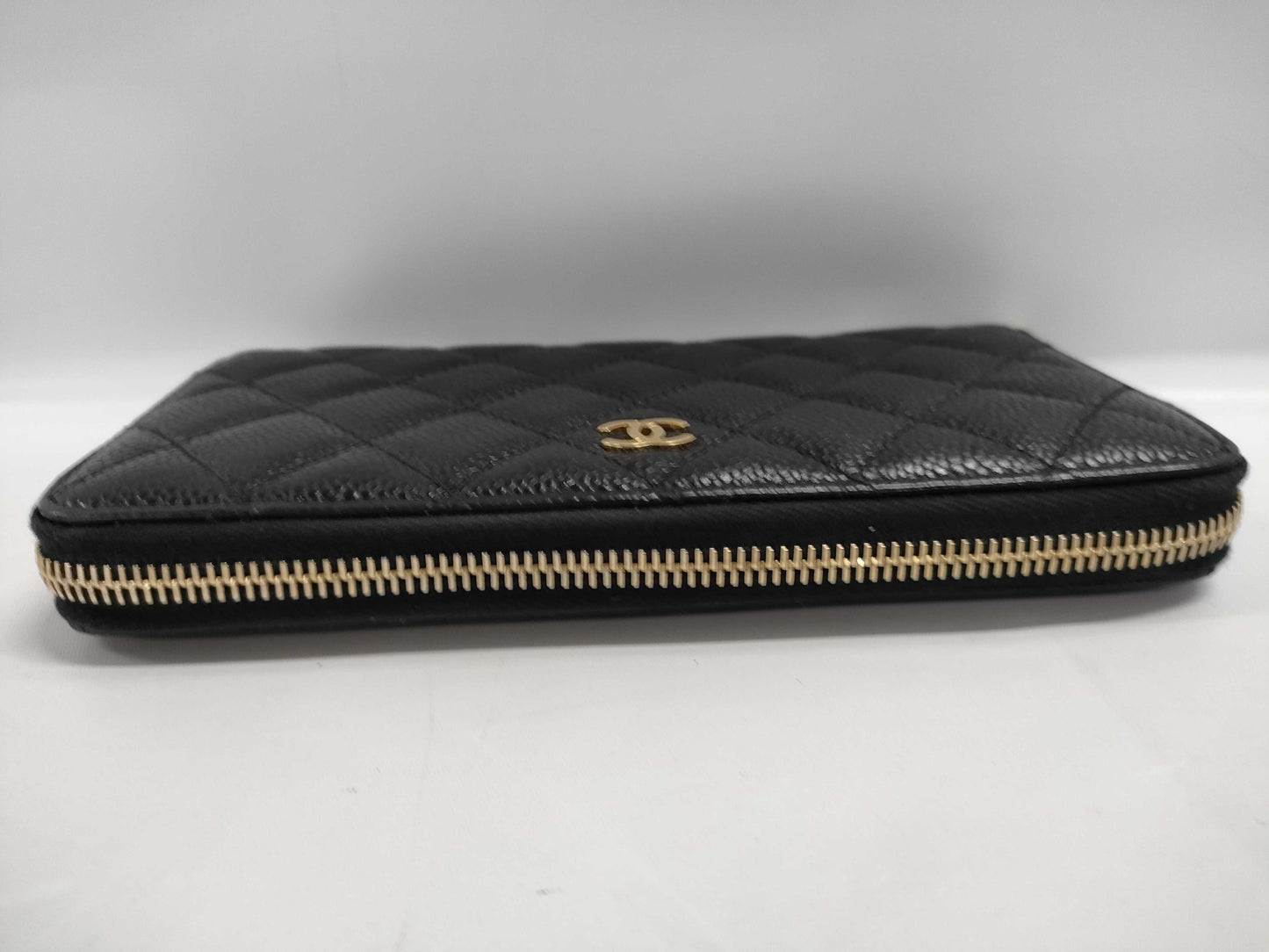 CHANEL Caviar Leather Matelasse Wallet with Round Zipper, Black GD Hardware, Seal, Card Holder, 20826548