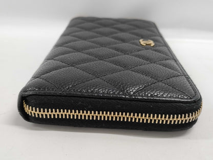 CHANEL Caviar Leather Matelasse Wallet with Round Zipper, Black GD Hardware, Seal, Card Holder, 20826548