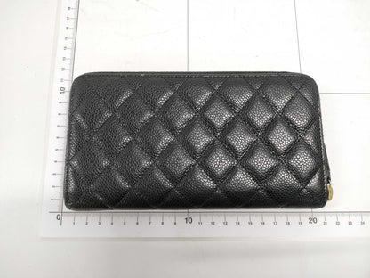 CHANEL Caviar Leather Matelasse Wallet with Round Zipper, Black GD Hardware, Seal, Card Holder, 20826548