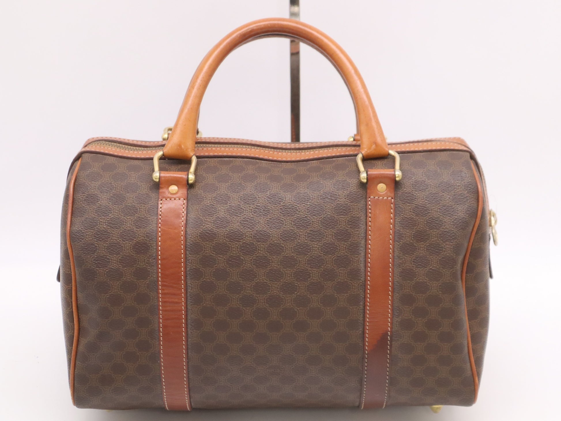 CELINE PVC and Leather Macadam Pattern Mini Boston Bag, Brown