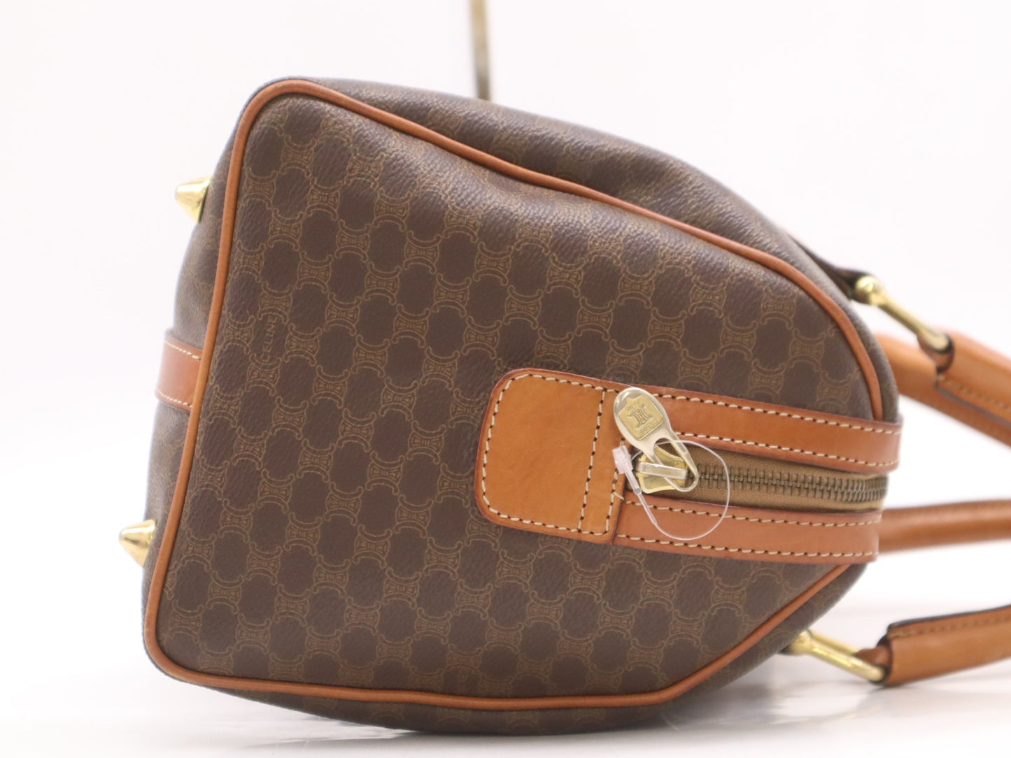 CELINE PVC and Leather Macadam Pattern Mini Boston Bag, Brown