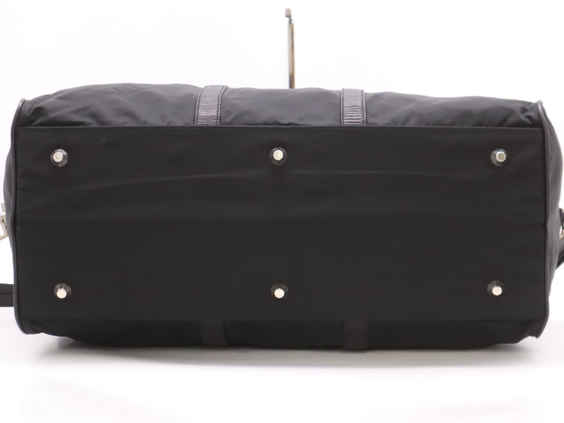 PRADA Nylon Triangle Logo Boston Bag in Black. Includes dust bag, name tag, crochet, padlock, and two keys.