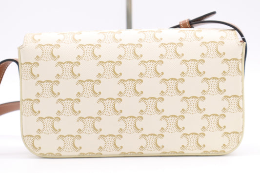 CELINE 194142CUZ.01BC Triomphe Canvas & Calfskin Shoulder Bag Claude White Shoulder Bag