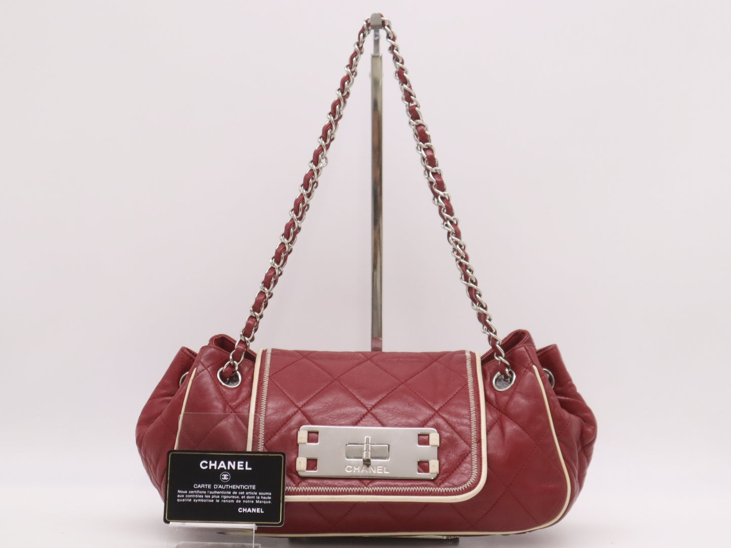 CHANEL Lambskin 2.55 Chain Shoulder Bag with Turnlock and Sterling Silver Hardware, Red, Card Holder, Sticker, Card Included, 12134954