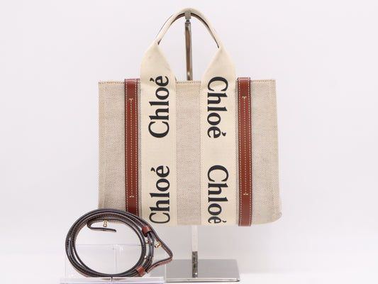 Chloe Leather Woody Small Tote Bag, 2-Way, Beige and Brown, with Shoulder Strap