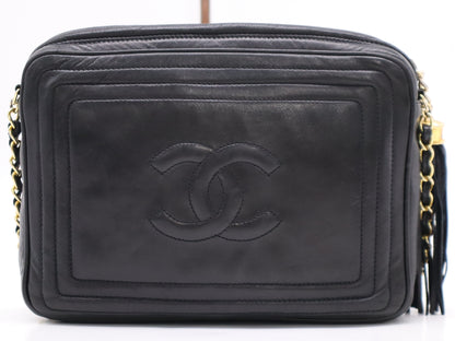 CHANEL Lambskin Coco Mark Shoulder Bag with Fringe, Black GD Hardware, Seal, Card Included, Dust Bag and Card Included, 0555715