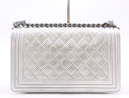 CHANEL Leather Boy Chanel Silver Perforated Seal 19133834 Shoulder Bag