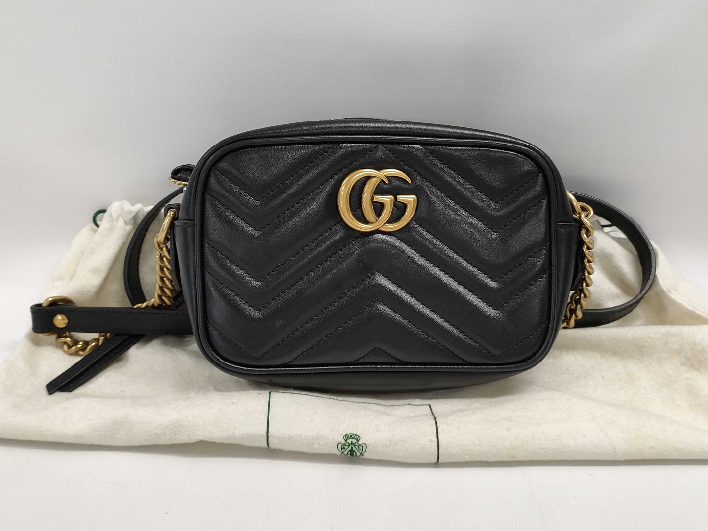 GUCCI 448065 GG Marmont Chain Shoulder Bag in Quilted Leather, Black, with Dust Bag