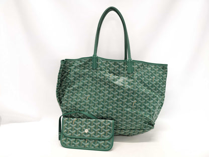 GOYARD Saint Louis PM Tote Bag, Goyardine Canvas and Leather, Green, with Pouch