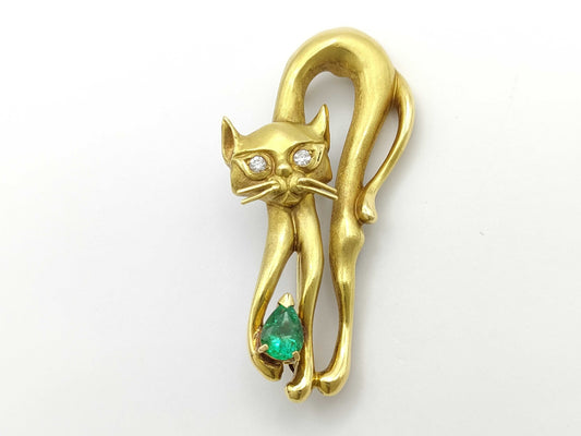 Cat Motif E0.72ct D0.09ct K18 14.0g Brooch 