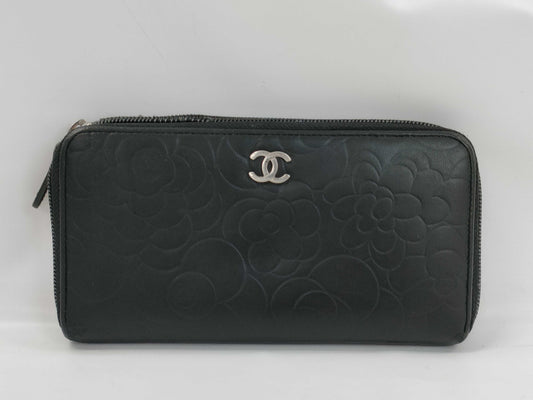 CHANEL Black Leather Long Wallet with Coco Mark