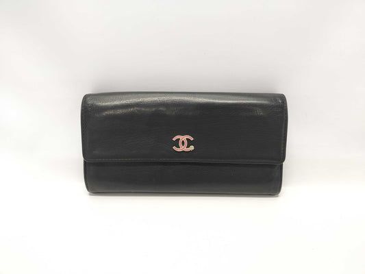 CHANEL CHANEL Long Wallet Lucky Flower Coco Mark Black Leather Wallet