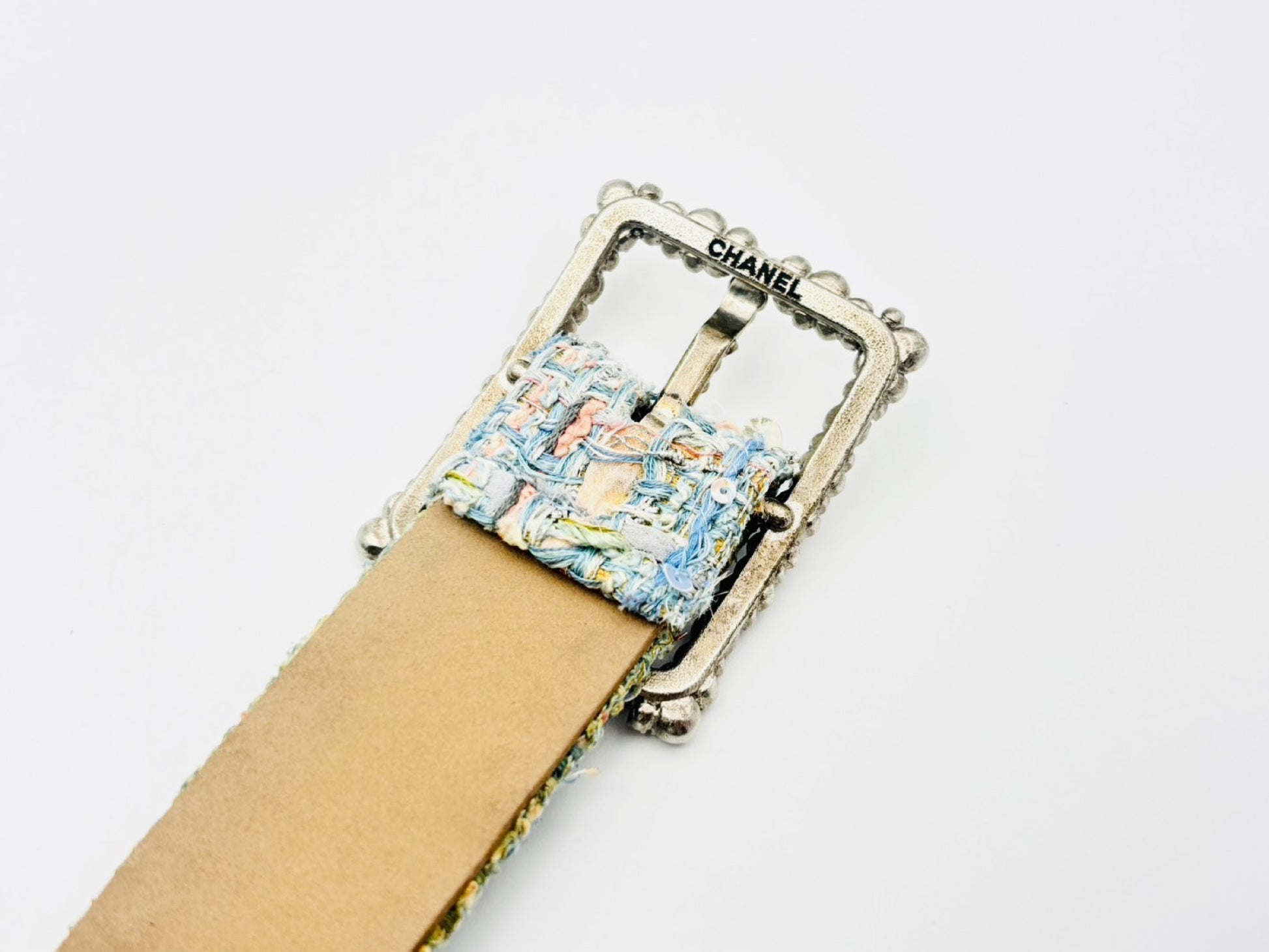 CHANEL Rhinestone Buckle Sequin Tweed Fabric Belt B13C Size 50 Blue