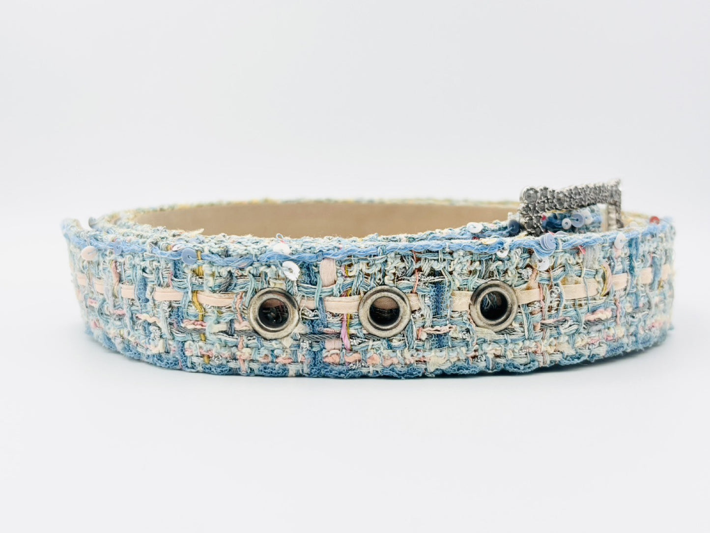 CHANEL Rhinestone Buckle Sequin Tweed Fabric Belt B13C Size 50 Blue