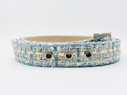 CHANEL Rhinestone Buckle Sequin Tweed Fabric Belt B13C Size 50 Blue