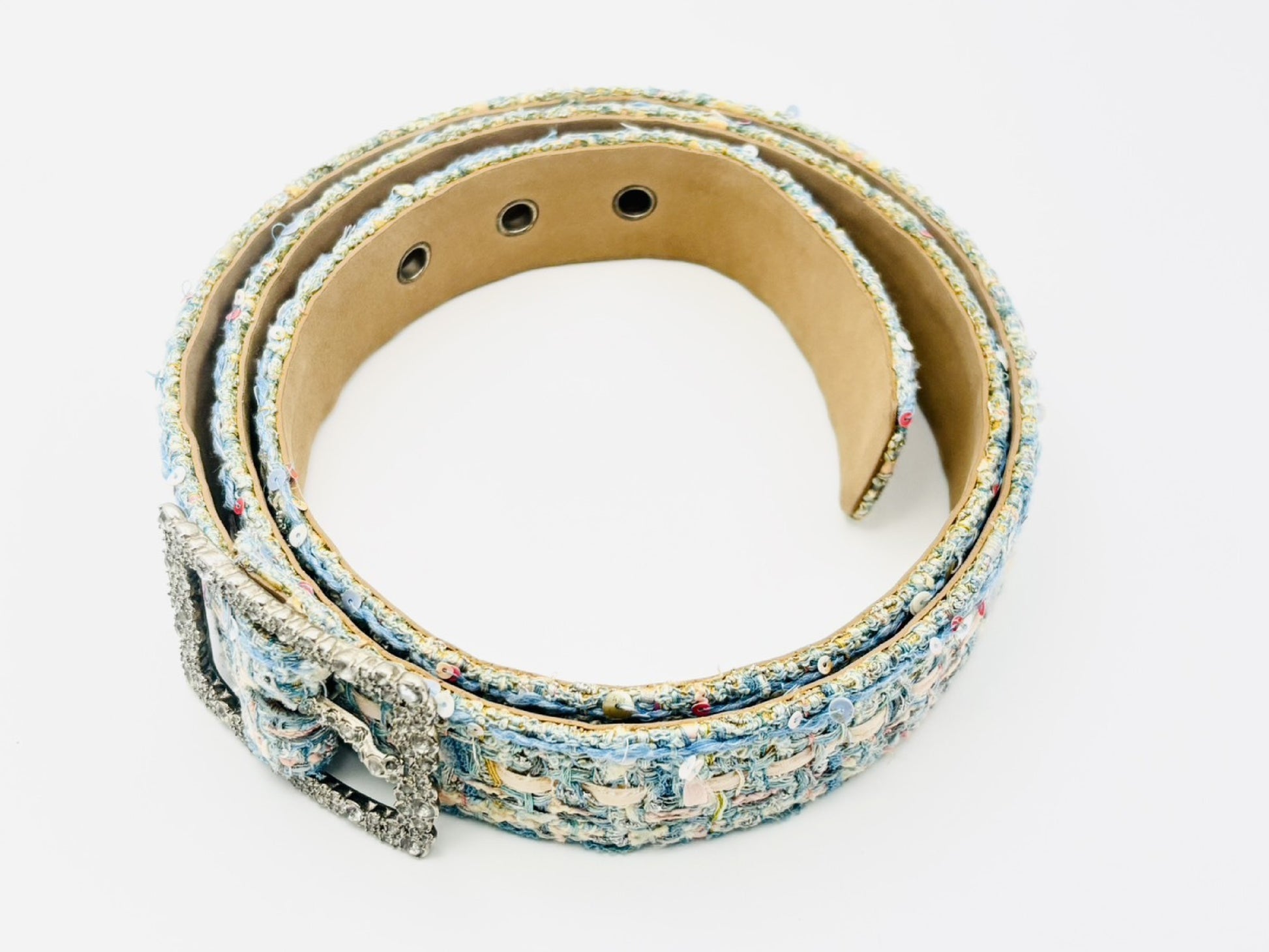 CHANEL Rhinestone Buckle Sequin Tweed Fabric Belt B13C Size 50 Blue