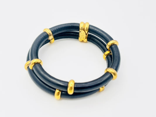 CHANEL Double Double Leather Bangle with Rice 29 Black x Gold Bracelet Bangle