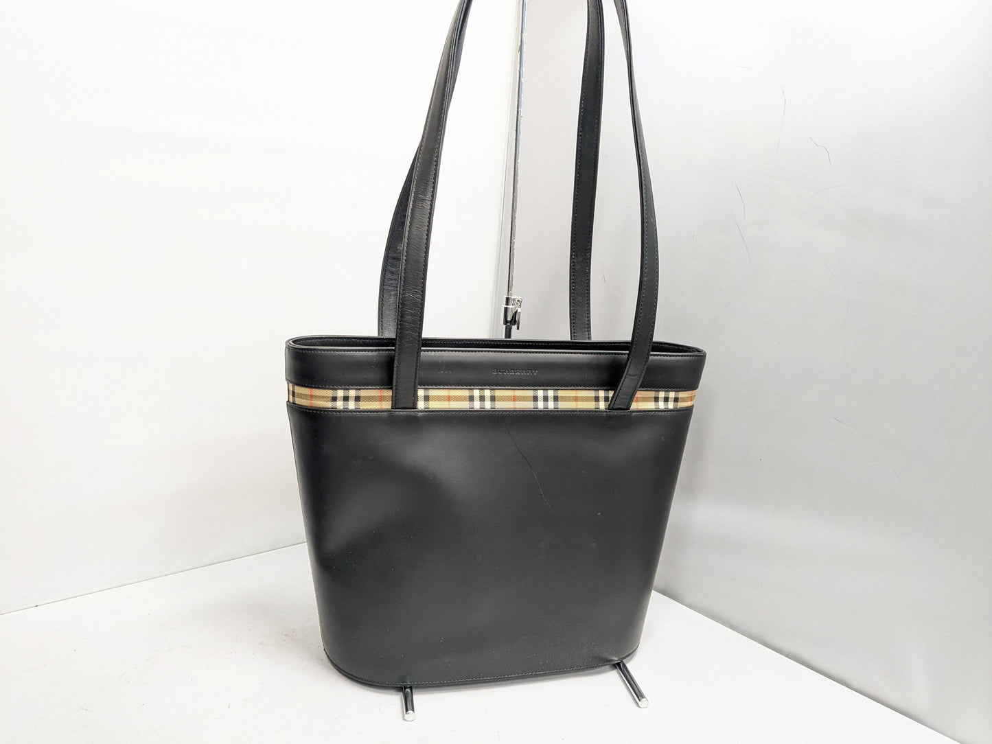 BURBERRY Leather Check Tote Bag