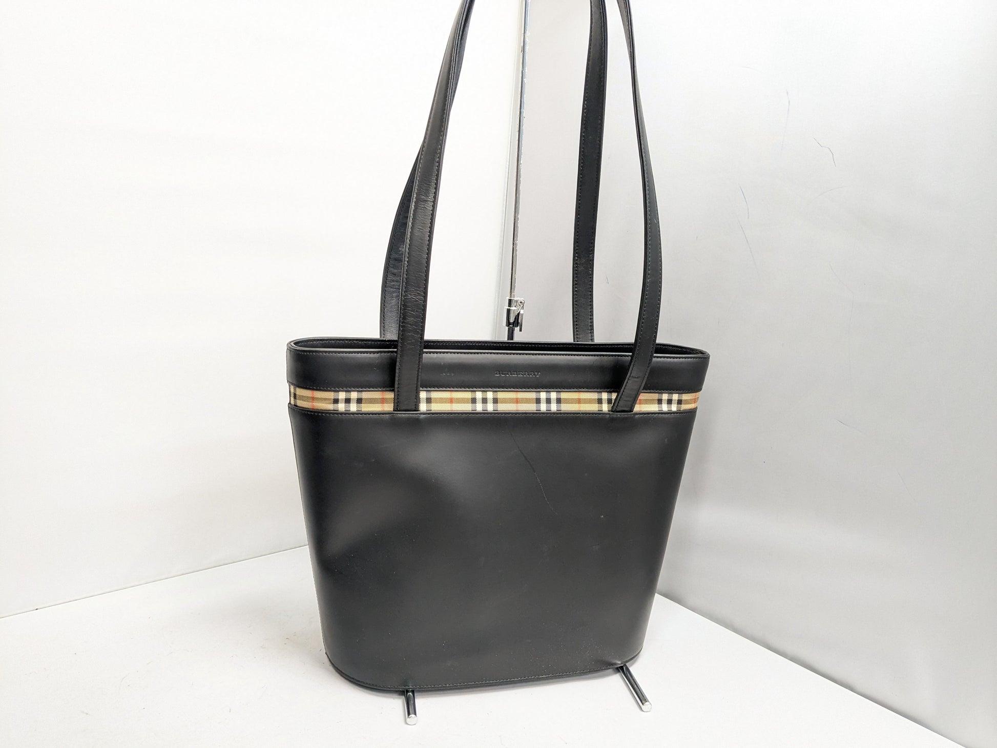 BURBERRY Leather Check Tote Bag