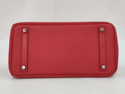 HERMES Birkin 30 Rouge Cazac Handbag with Silver Hardware and M Stamp