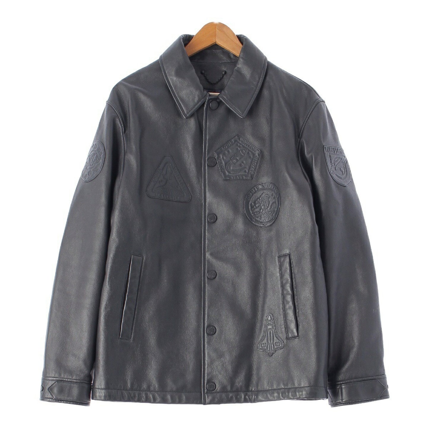 LOUIS VUITTON Men's Leather Jacket/Blouson with Logo Patch and Monogram in Black