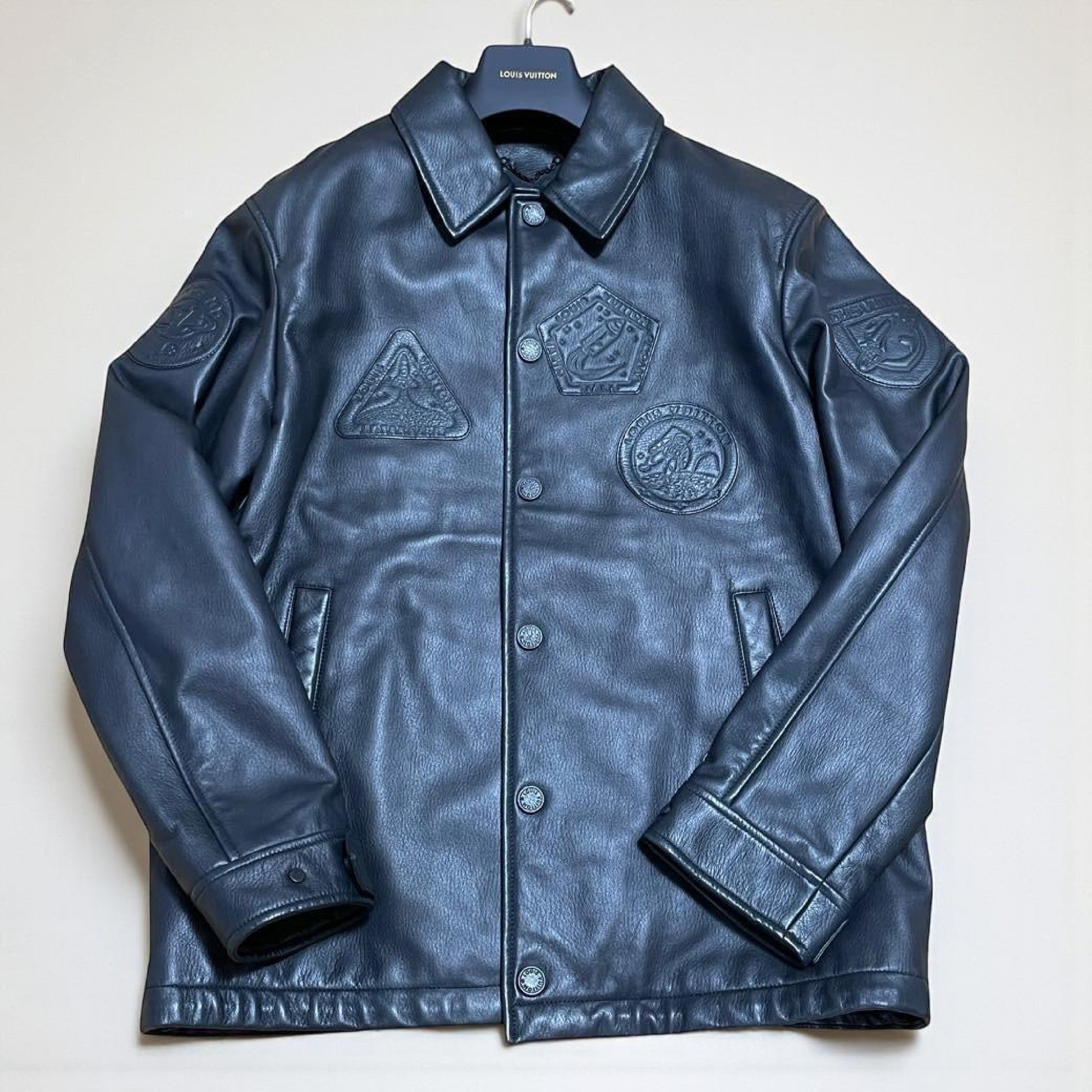 LOUIS VUITTON Men's Leather Jacket/Blouson with Logo Patch and Monogram in Black