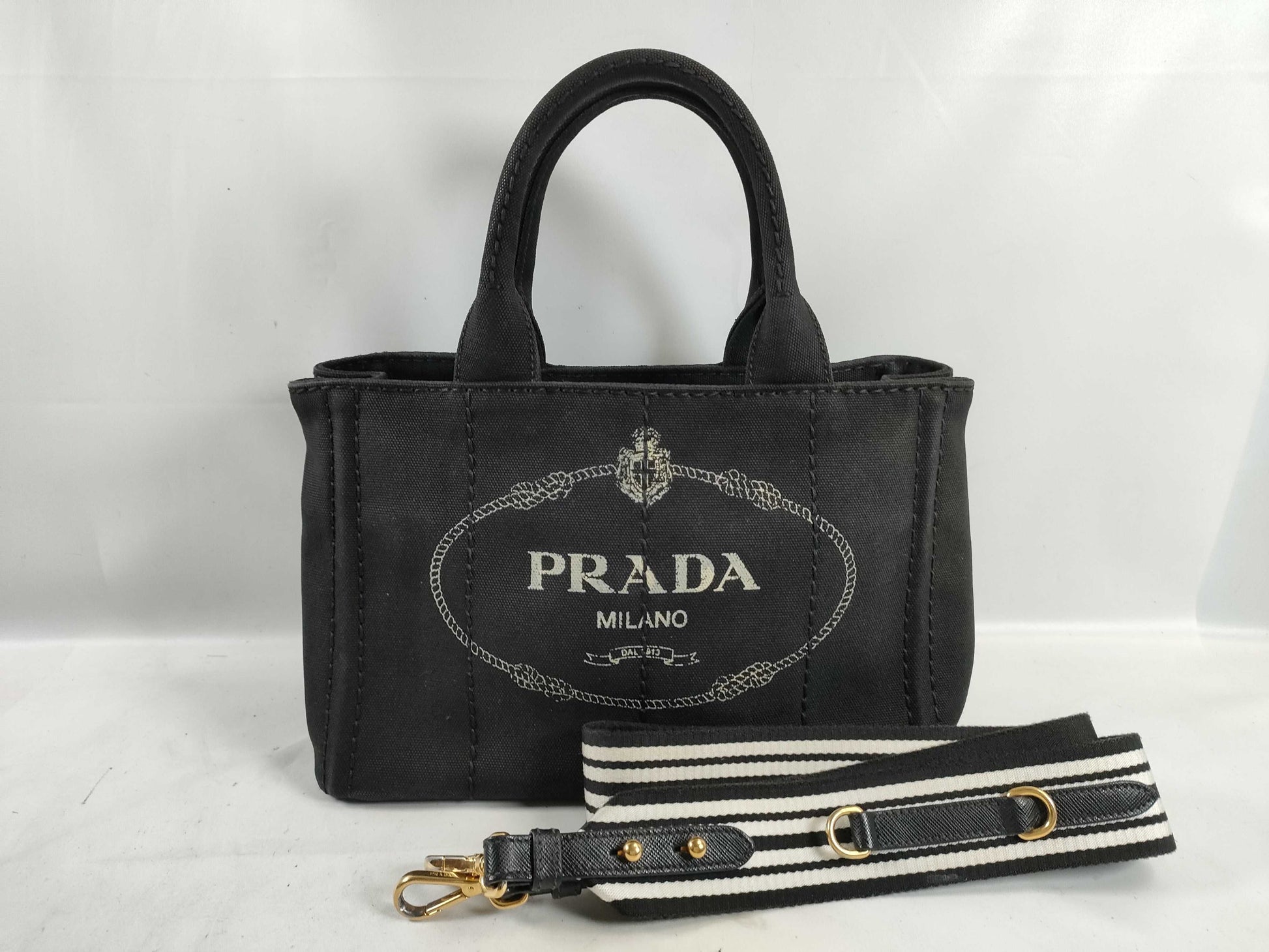 PRADA Canapa Handbag with Shoulder Strap, Black