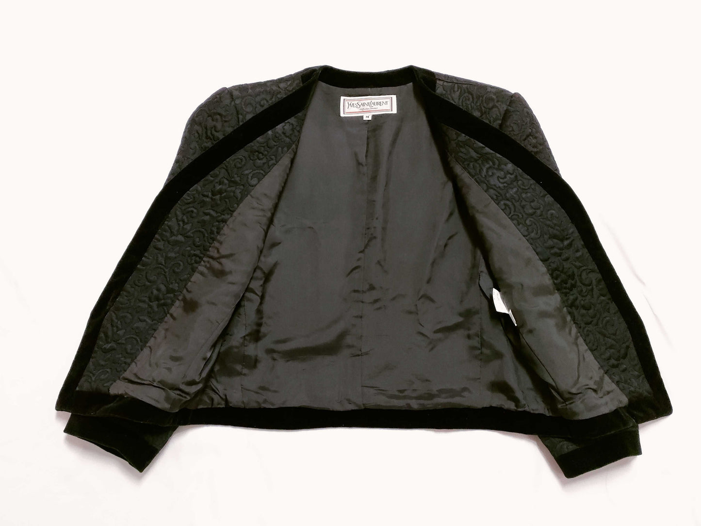 Yves Saint Laurent Velvet Floral Quilted Collarless Jacket, Black, Size M