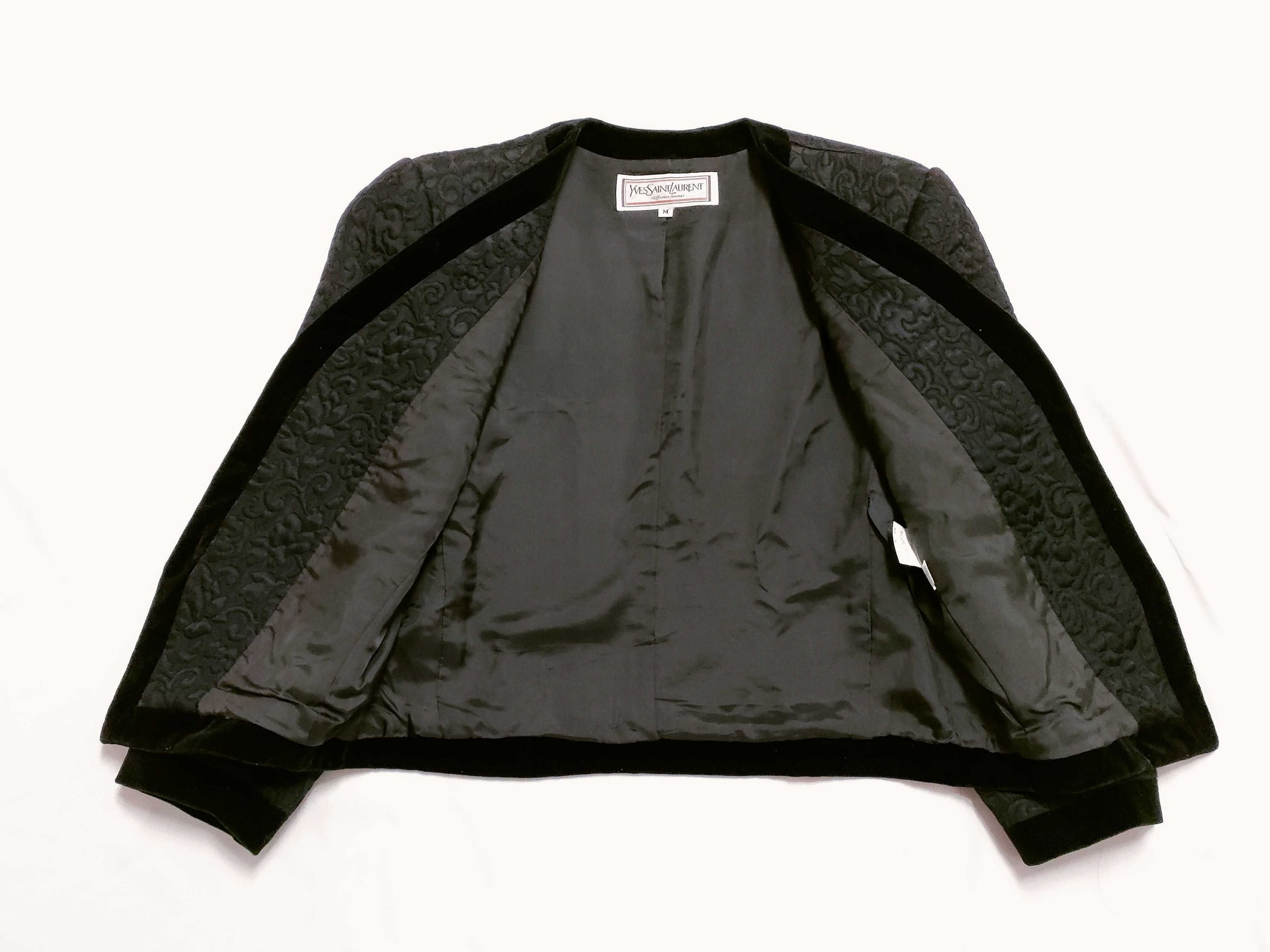 Yves Saint Laurent Velvet Floral Quilted Collarless Jacket, Black, Size M