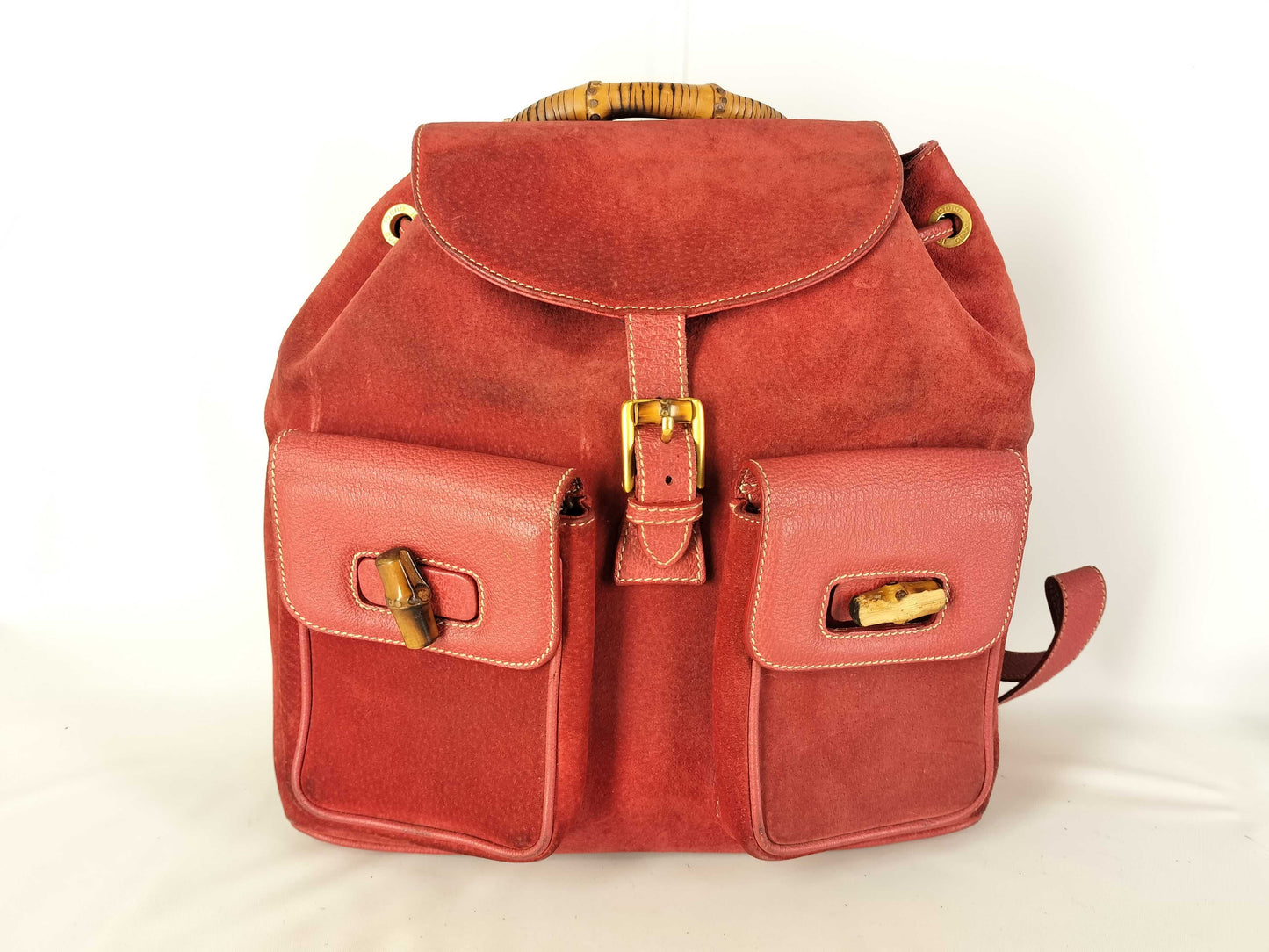 GUCCI Bamboo Old Gucci Backpack/003 2058 0016/Bamboo/Turnlock/Double Pocket/Suede/Red Backpack